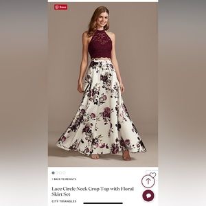 BNWT David’s Bridal two piece gown. Burgundy top, off white/cream floral skirt.